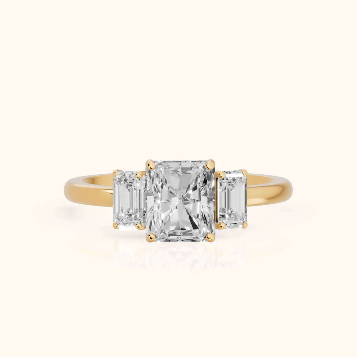 Marian Three-Stone Hidden Halo Radiant Diamond Engagement Ring in Yellow Gold - FrontView.webp