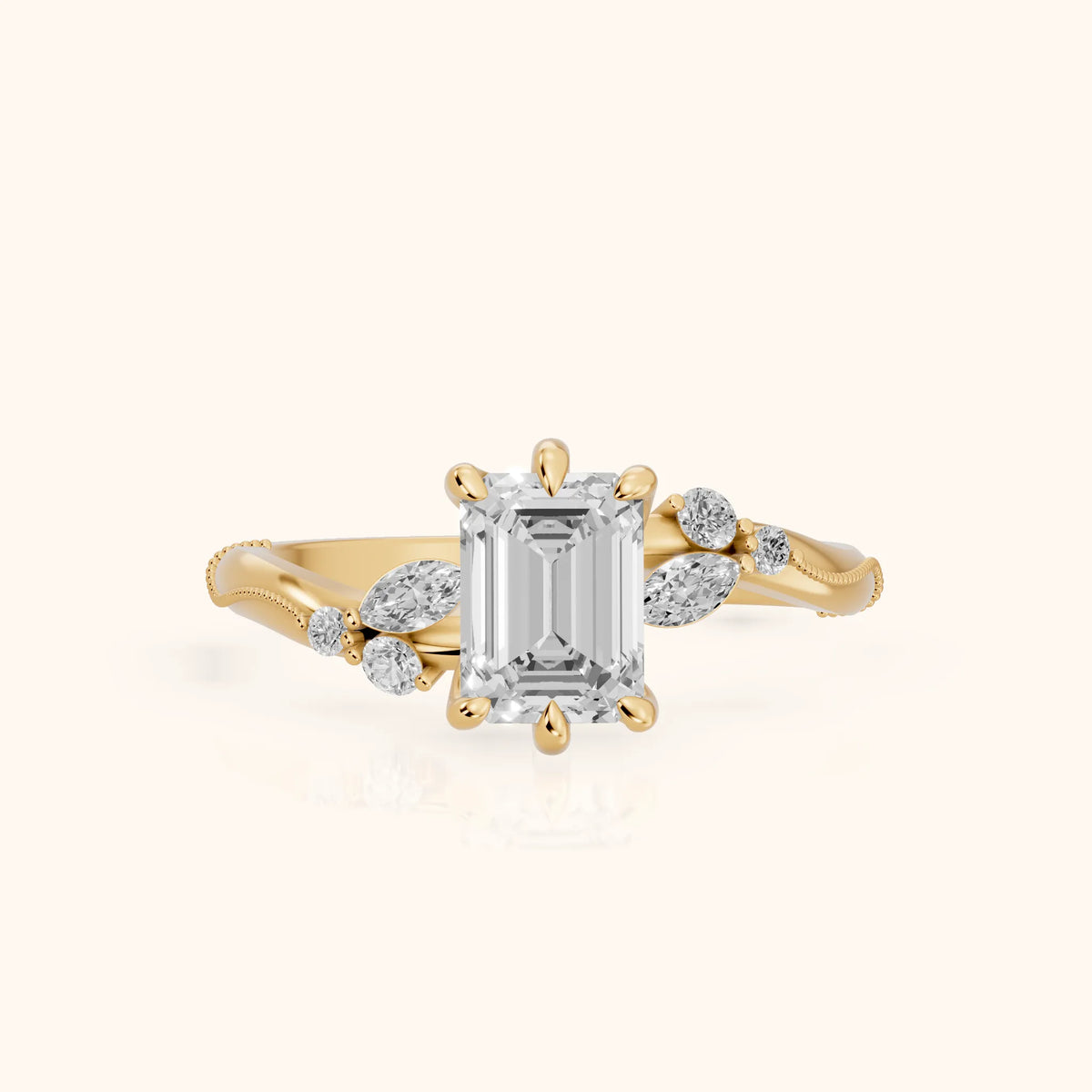 Joanna Milgrain Twist Emerald Diamond Engagement Ring in Yellow Gold - FrontView.webp