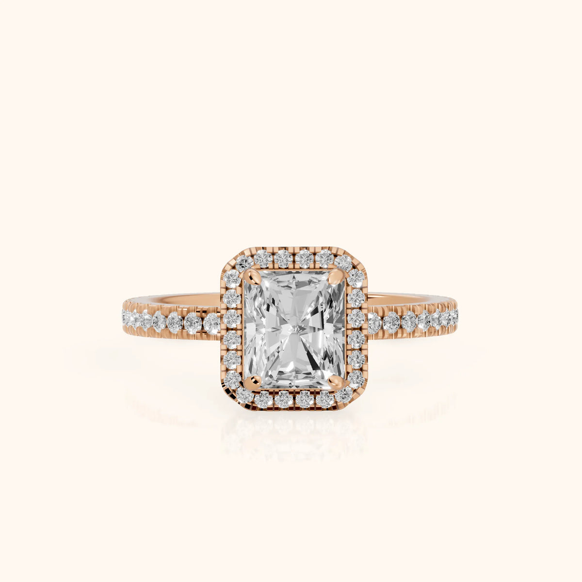 Rosemary Halo Pavé Radiant Diamond Engagement Ring in Rose Gold - FrontView.webp