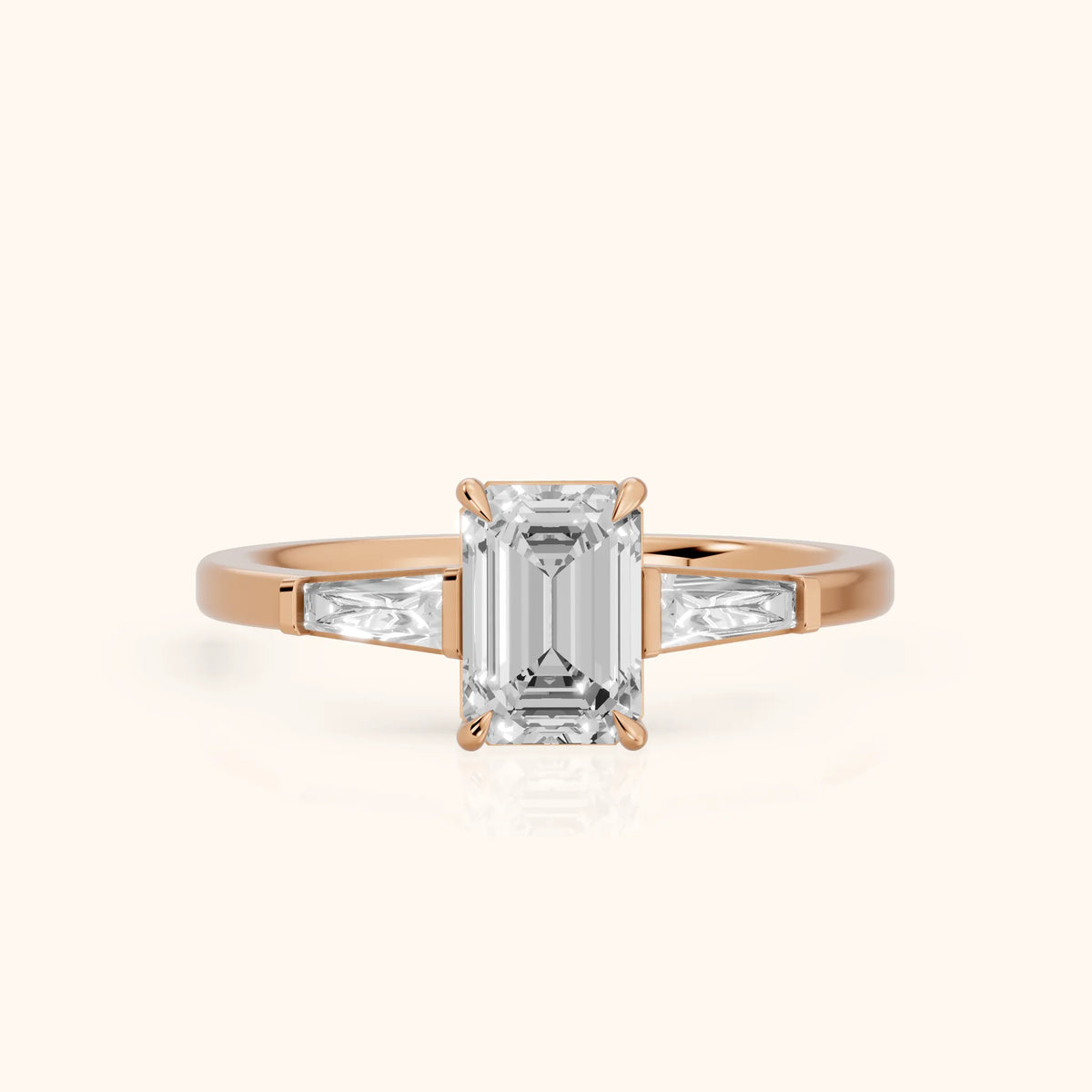 Winnie Three-Stone Emerald Diamond Engagement Ring in Rose Gold - FrontView.webp