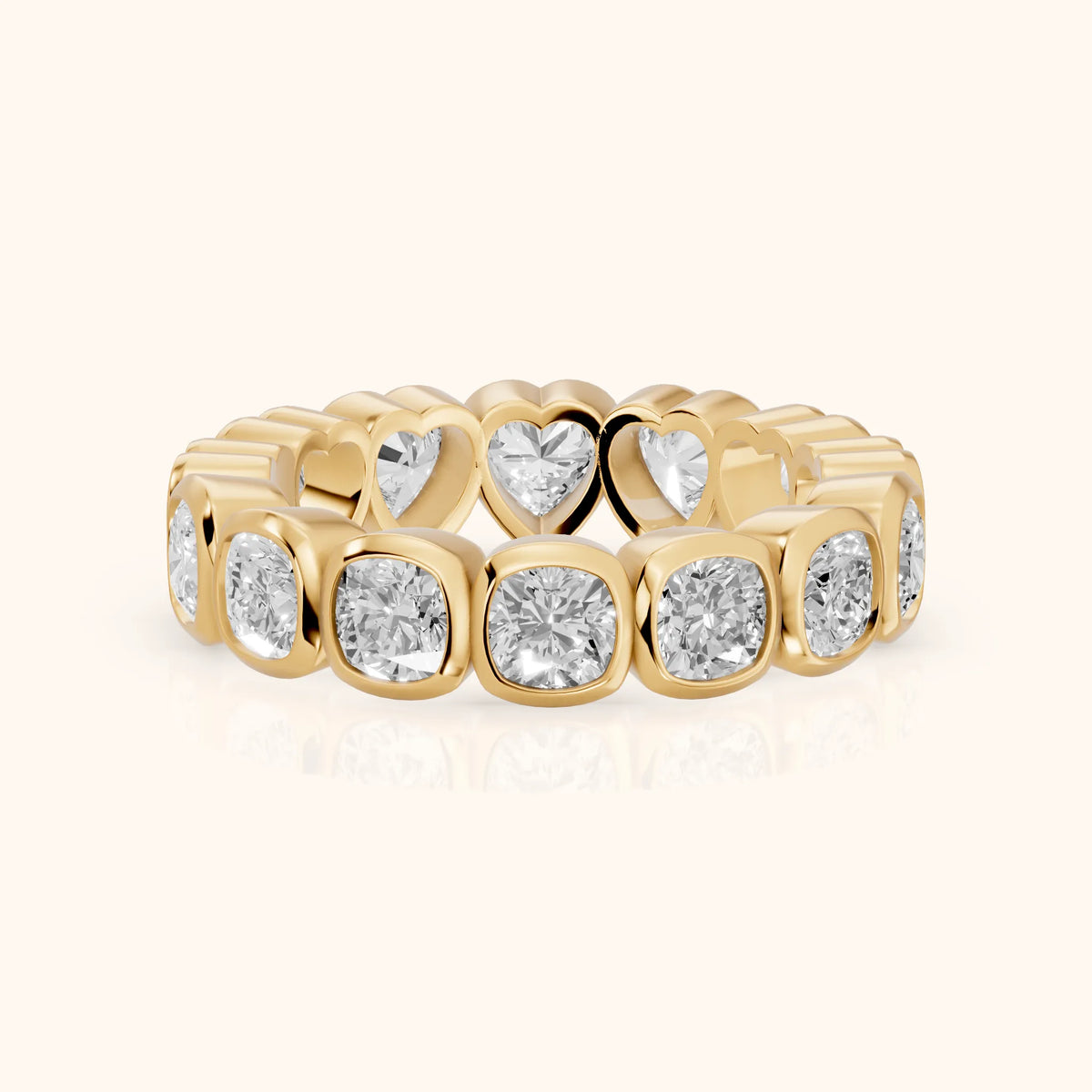 Marisa Bezel Cushion & Heart Diamond Eternity Band in Yellow Gold - FrontView