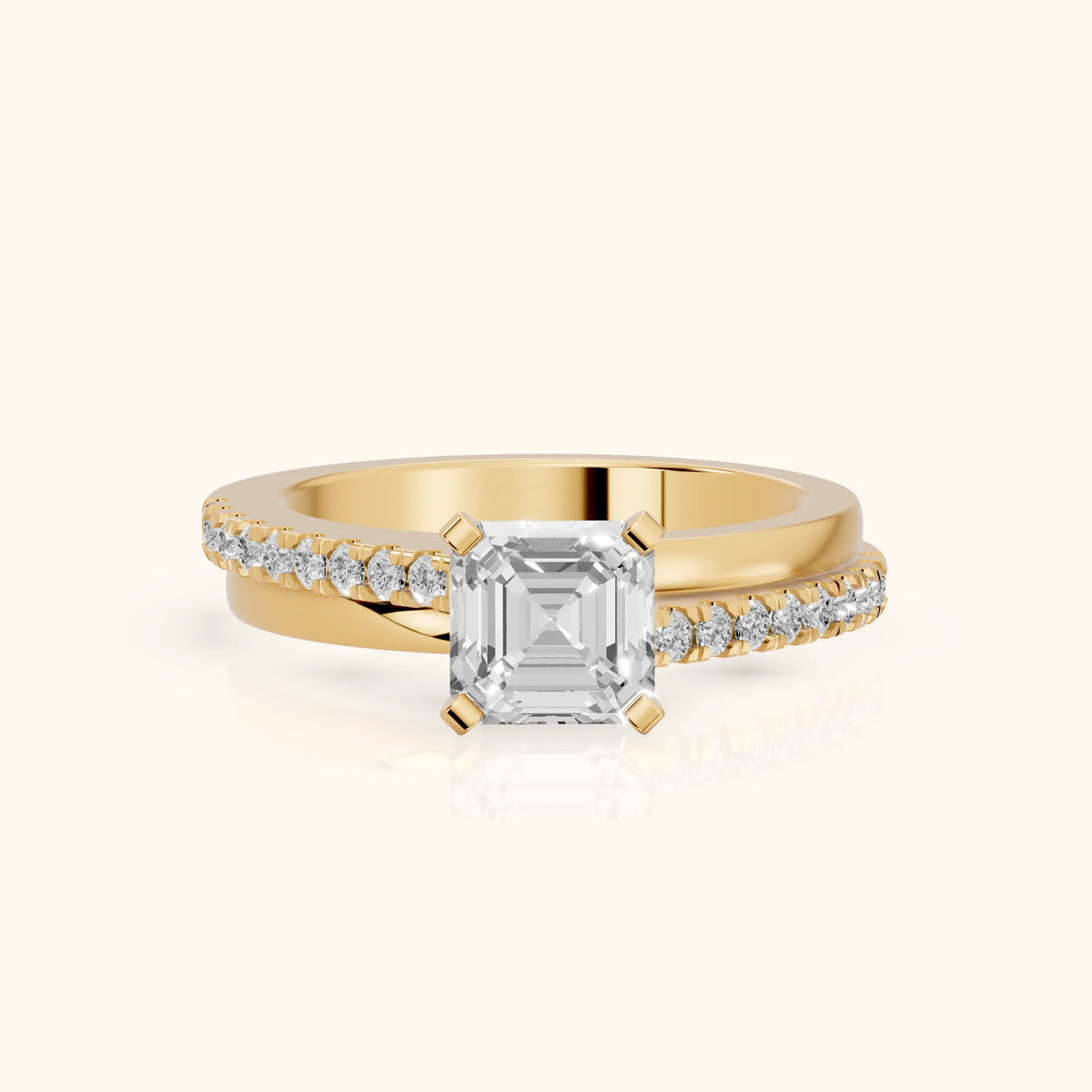 Edith Criss Cross Pavé Asscher Diamond Engagement Ring in Yellow Gold - FrontView.webp
