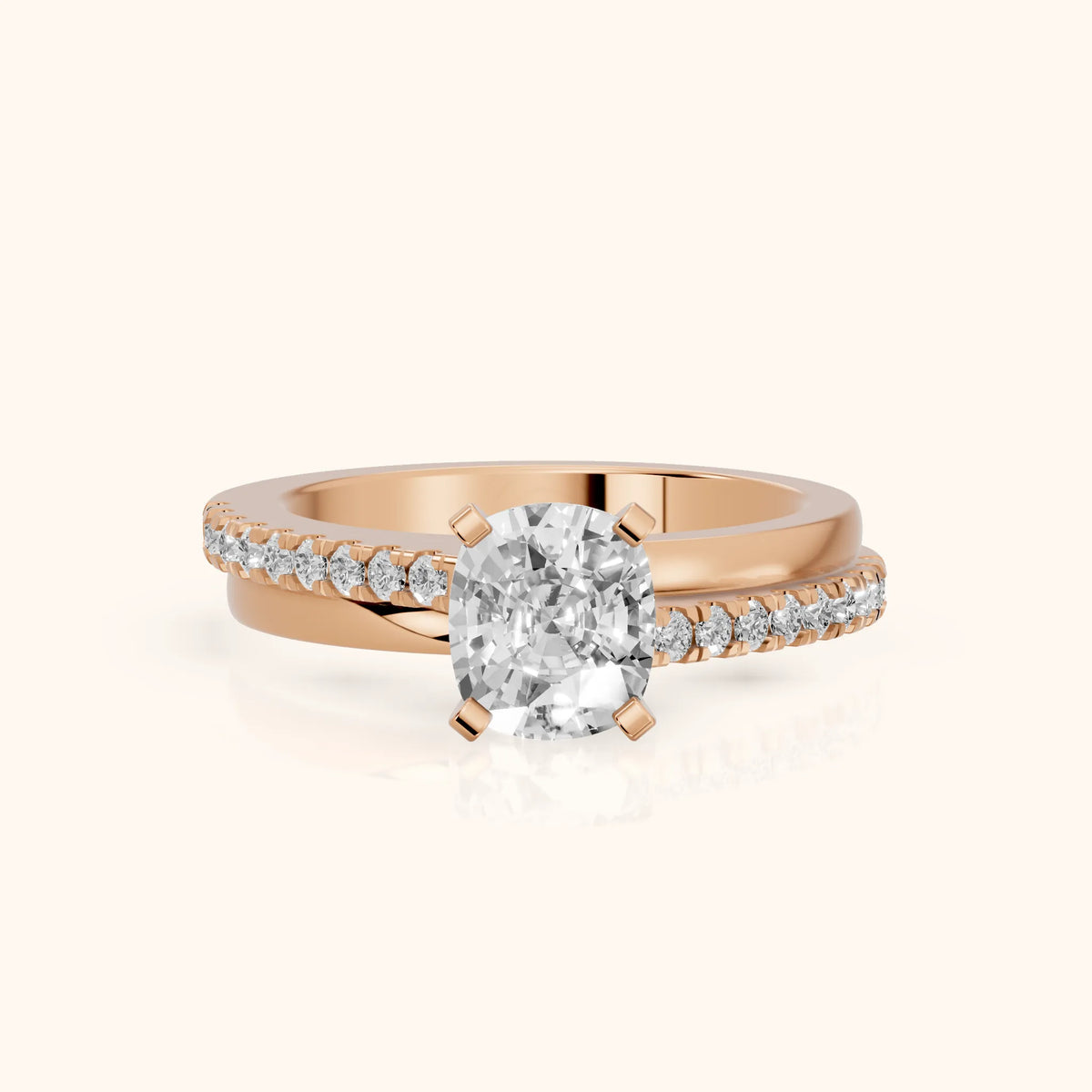 Edith Criss Cross Pavé Cushion Diamond Engagement Ring in Rose Gold - FrontView.webp
