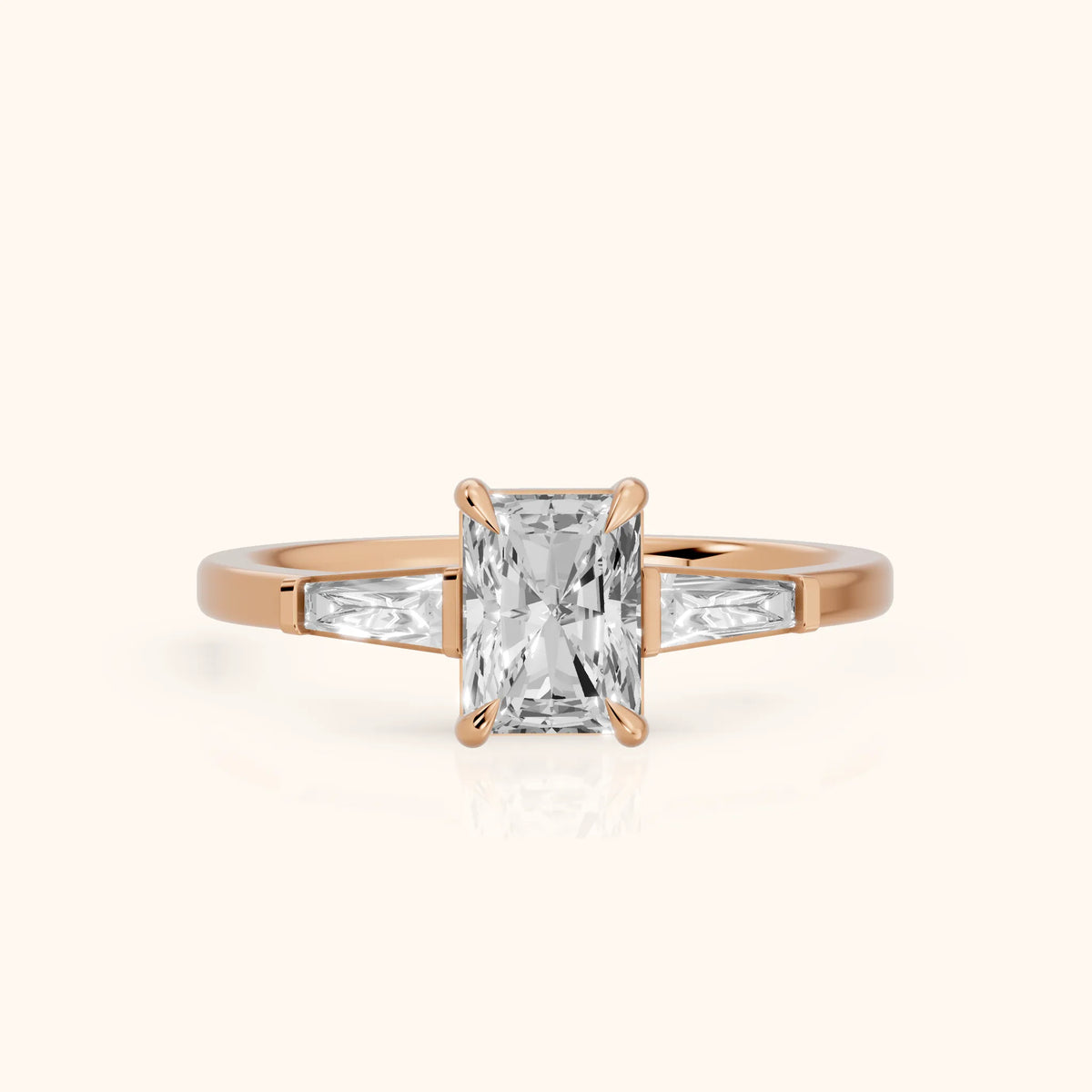 Winnie Three-Stone Radiant Diamond Engagement Ring in Rose Gold - FrontView.webp