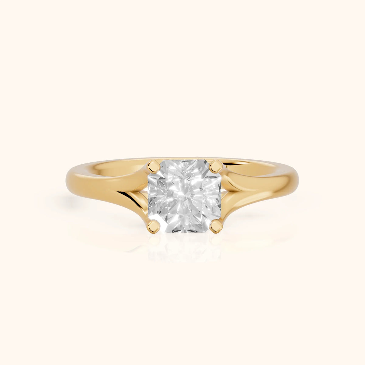 Nell Split Shank Solitaire Asscher Diamond Engagement Ring in Yellow Gold - FrontView.webp