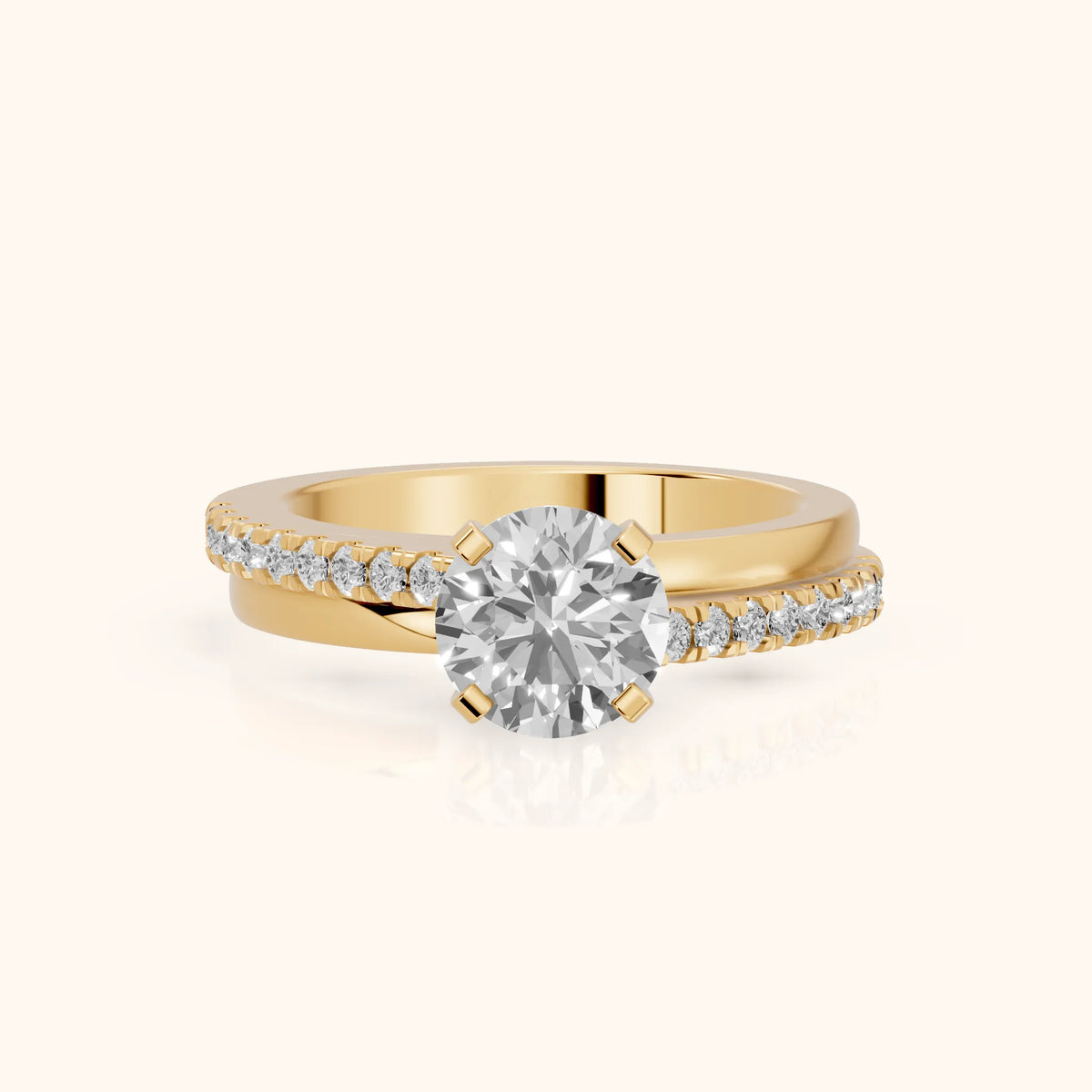Edith Criss Cross Pavé Round Diamond Engagement Ring in Yellow Gold - FrontView.webp