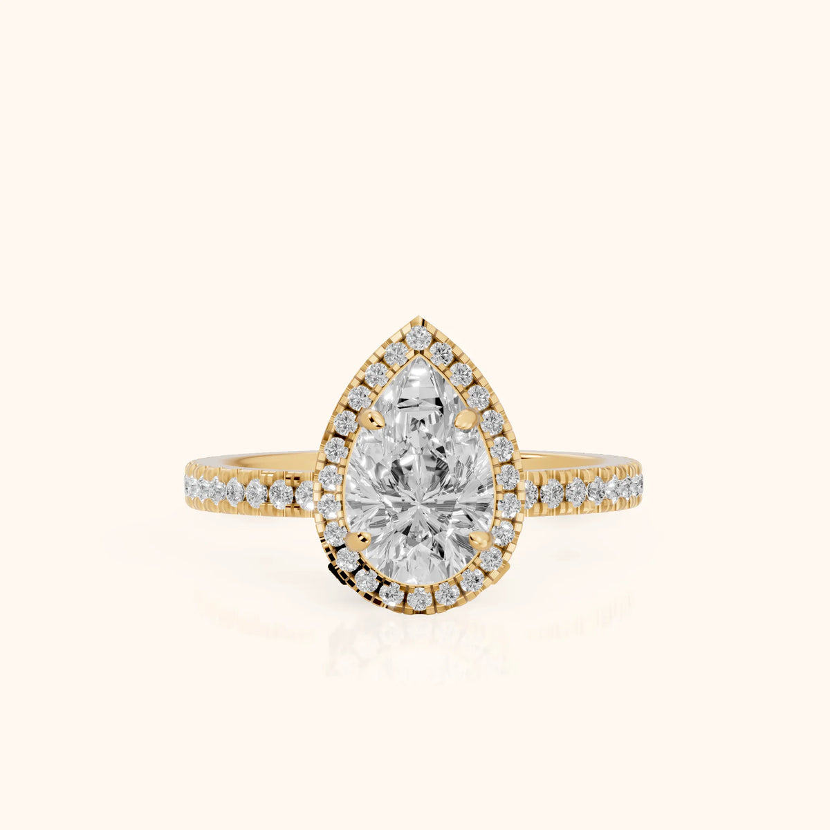 Rosemary Halo Pavé Pear Diamond Engagement Ring in Yellow Gold - FrontView.webp