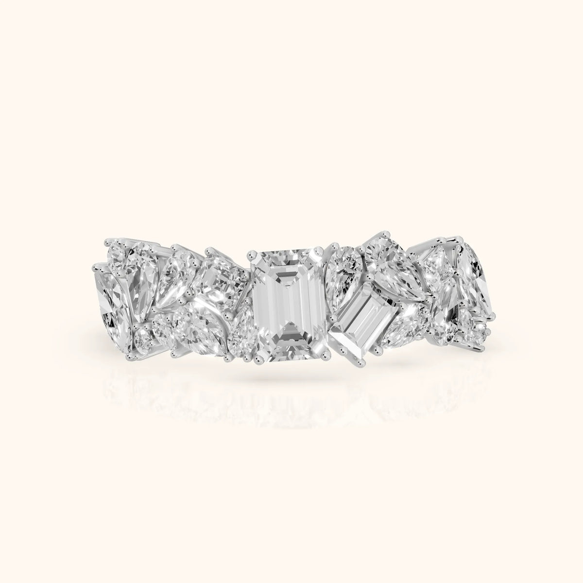 Isha Cluster Emerald & Pear Diamond Anniversary Ring in Silver - FrontView