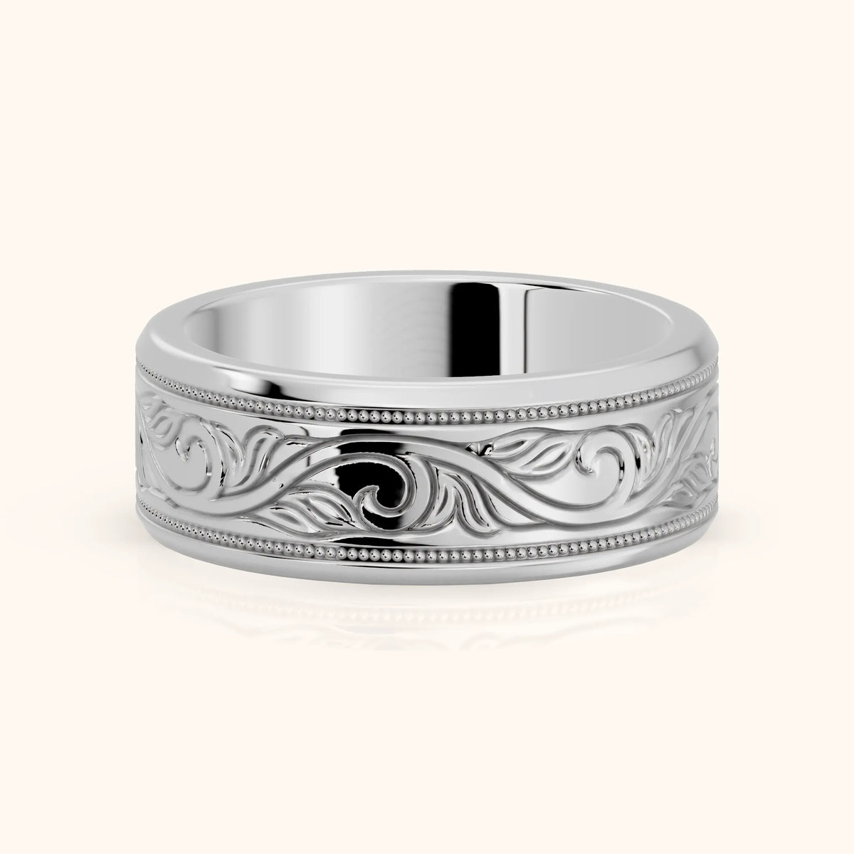 Navya Carved Milgrain Wedding Band in Platinum - FrontView