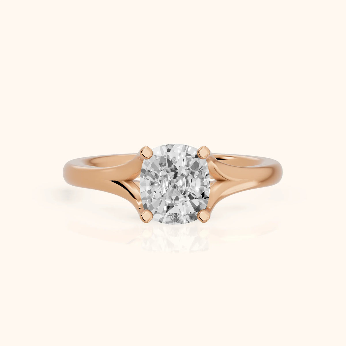 Nell Split Shank Solitaire Cushion Diamond Engagement Ring in Rose Gold - FrontView.webp