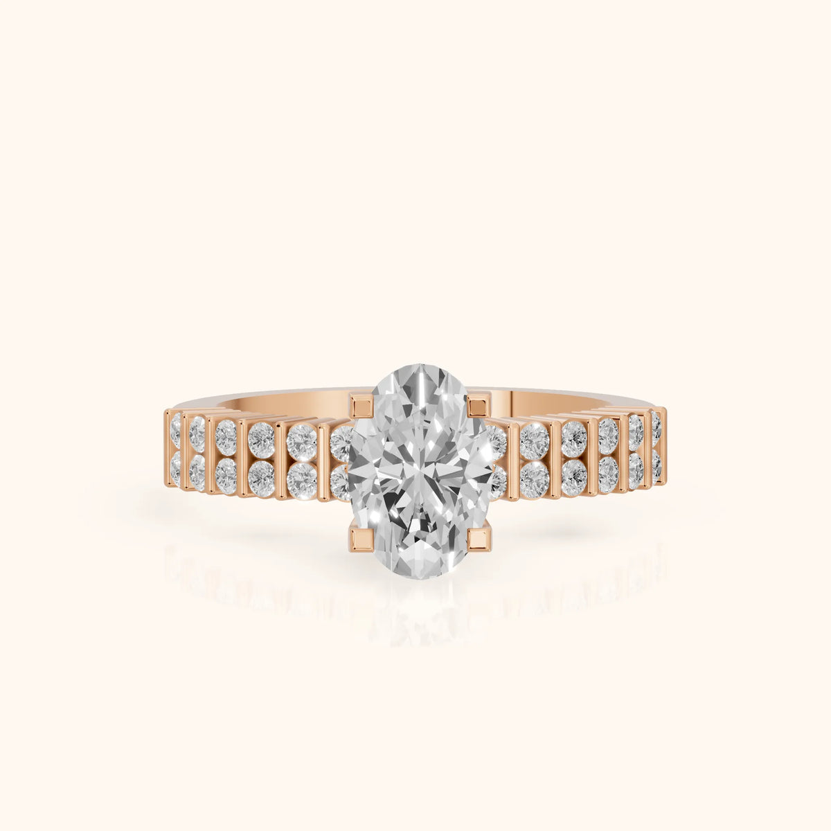 Honor Sidestone Oval Diamond Engagement Ring in Rose Gold - FrontView.webp