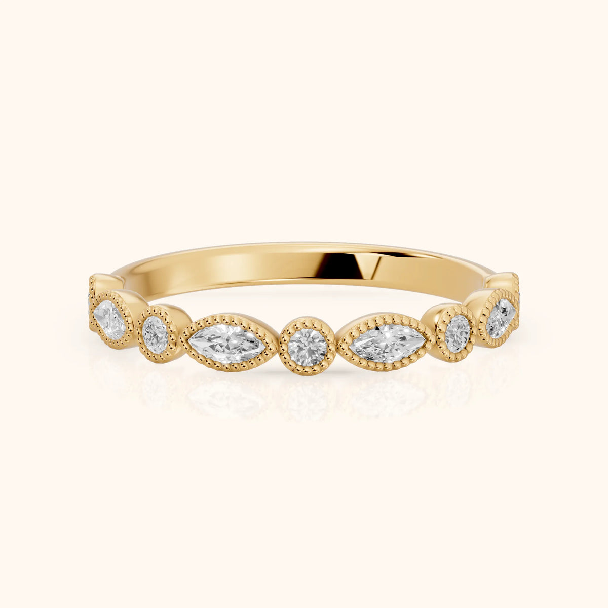 Celina Milgrain Bezel Marquise & Round Diamond Half Eternity Band in Yellow Gold - FrontView