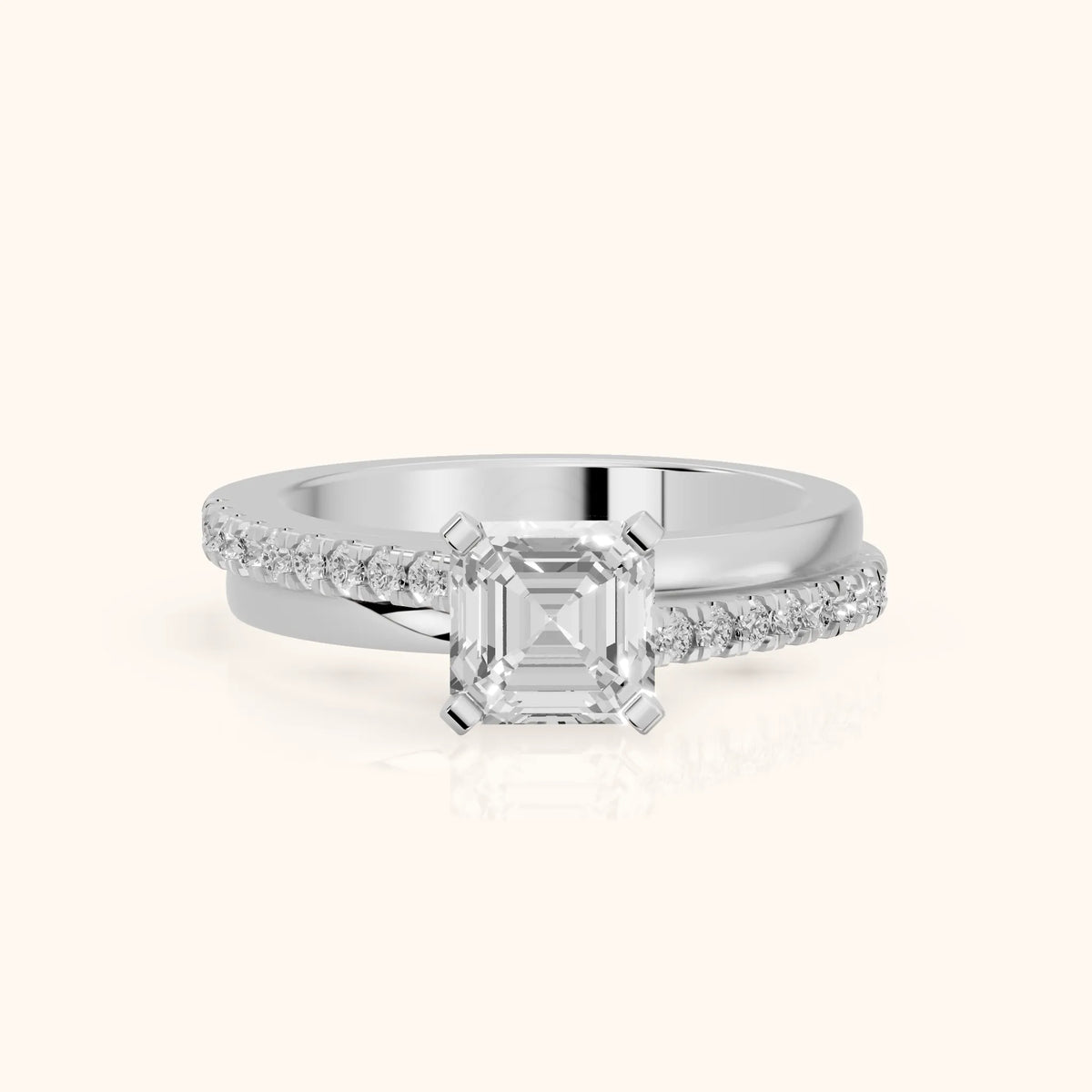 Edith Criss Cross Pavé Asscher Diamond Engagement Ring in Silver - FrontView.webp