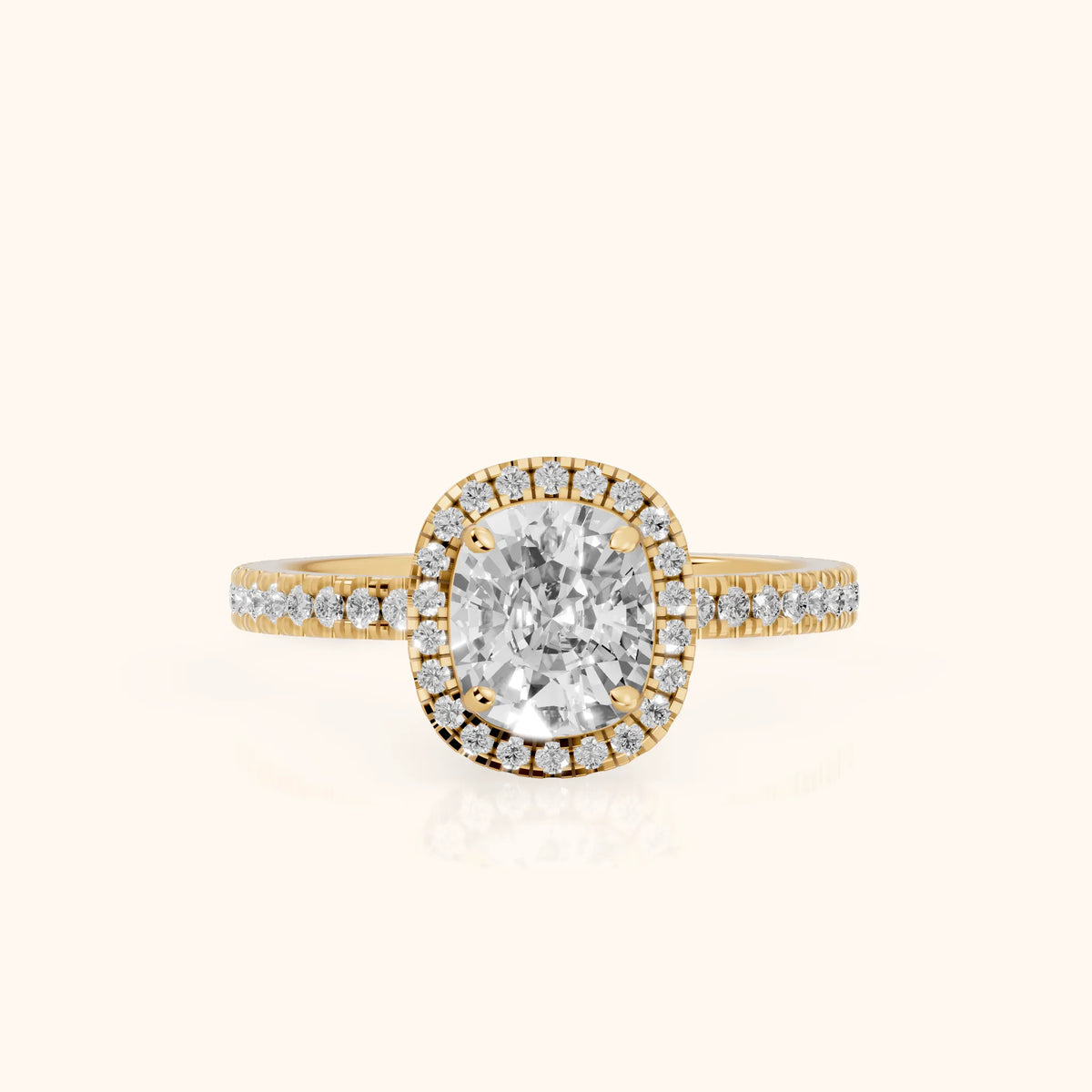 Rosemary Halo Pavé Cushion Diamond Engagement Ring in Yellow Gold - FrontView.webp
