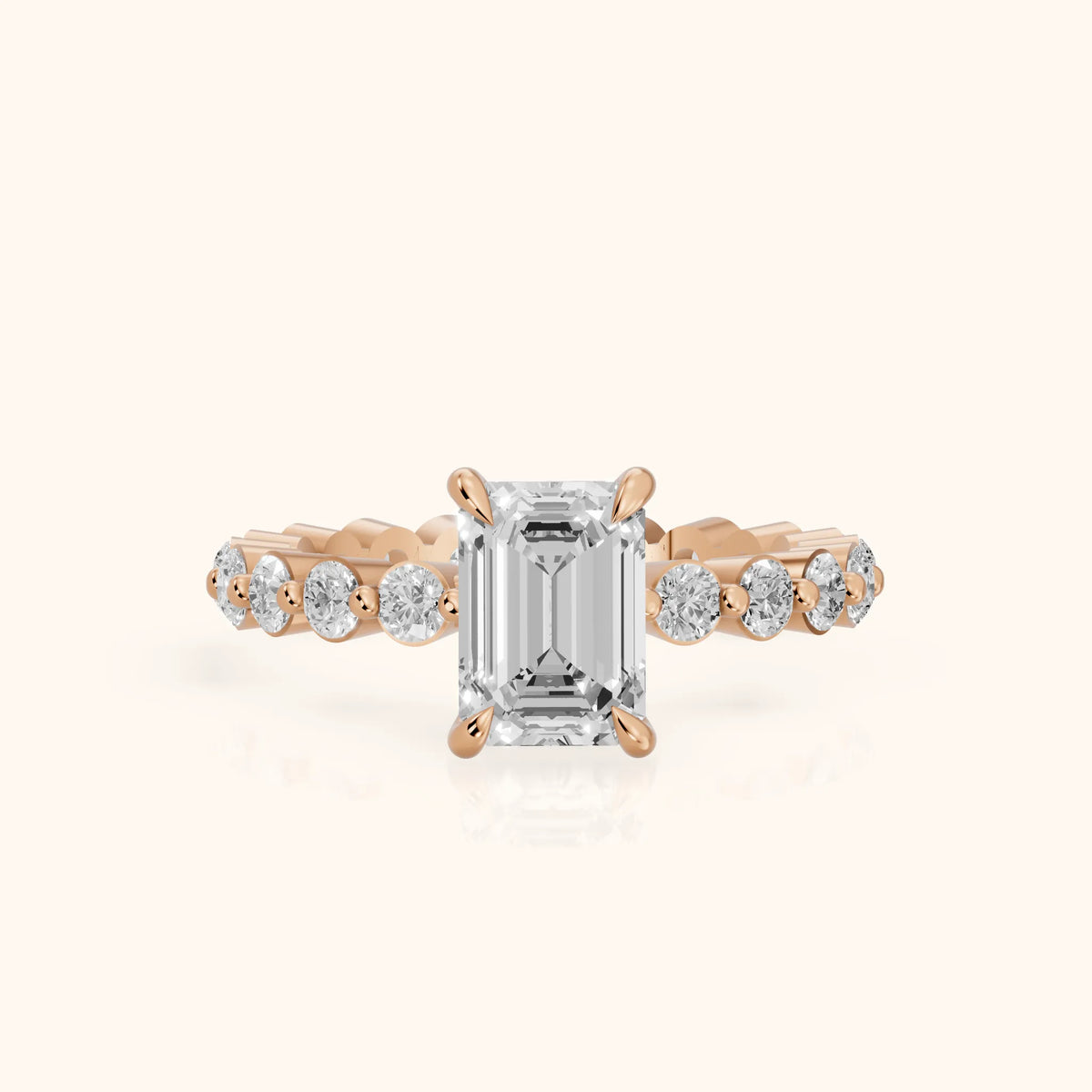 Piper Sidestone Emerald Diamond Engagement Ring in Rose Gold - FrontView.webp