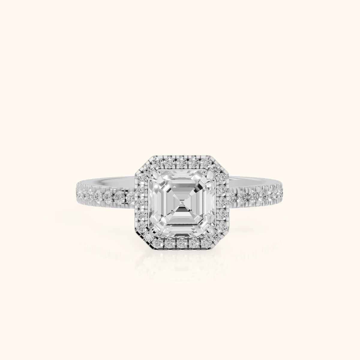 Rosemary Halo Pavé Asscher Diamond Engagement Ring in White Gold - FrontView.webp
