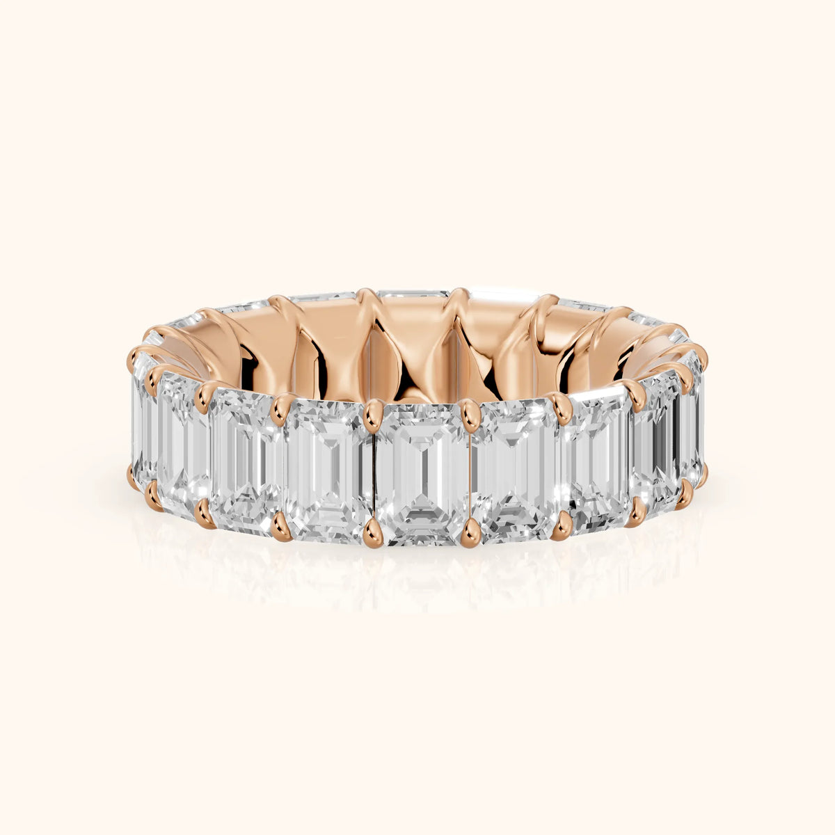 Zaya Shared Prong Emerald Diamond Eternity Band in Rose Gold - FrontView