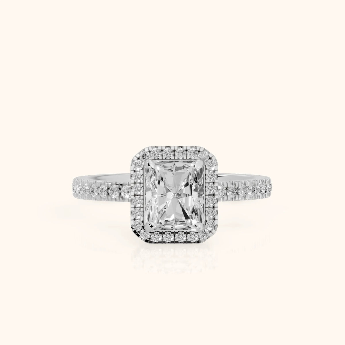 Rosemary Halo Pavé Radiant Diamond Engagement Ring in Platinum - FrontView.webp