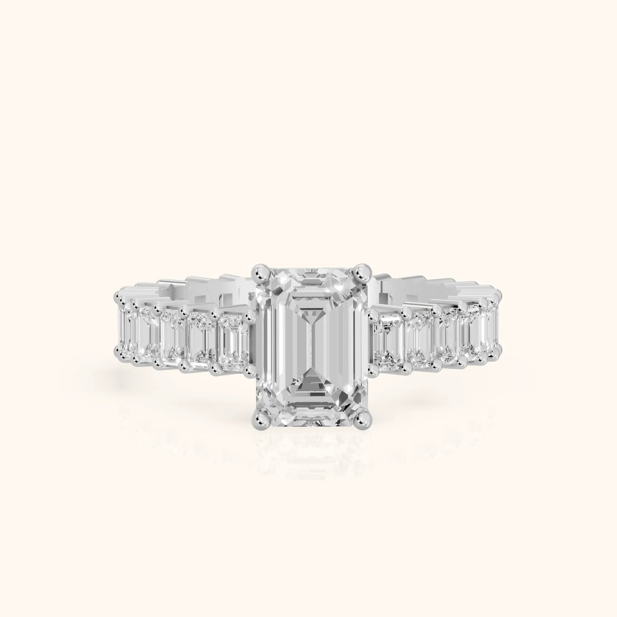 Mallory Shared Prong Emerald Diamond Engagement Ring in White Gold - FrontView.webp