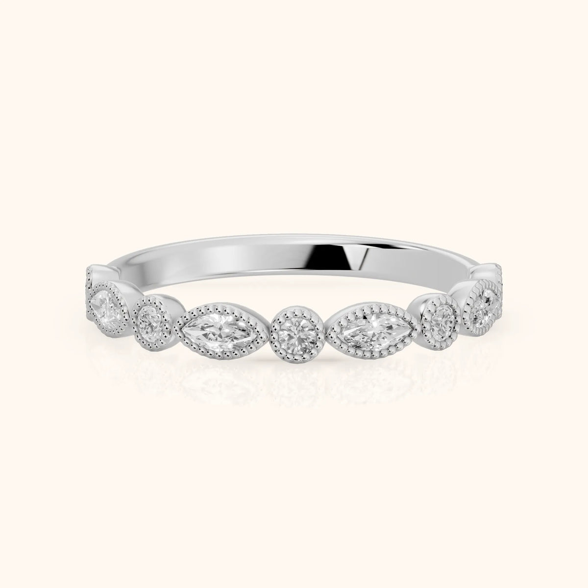 Celina Milgrain Bezel Marquise & Round Diamond Half Eternity Band in White Gold - FrontView