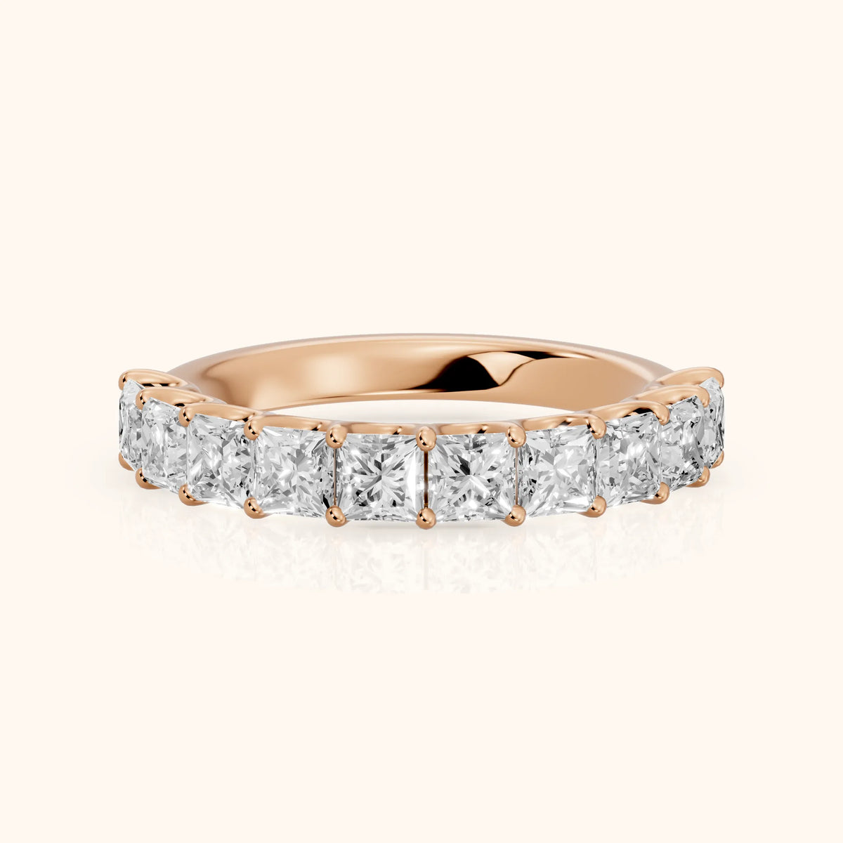 Pia Shared Prong Princess Diamond Half Eternity Band in Rose Gold - FrontView