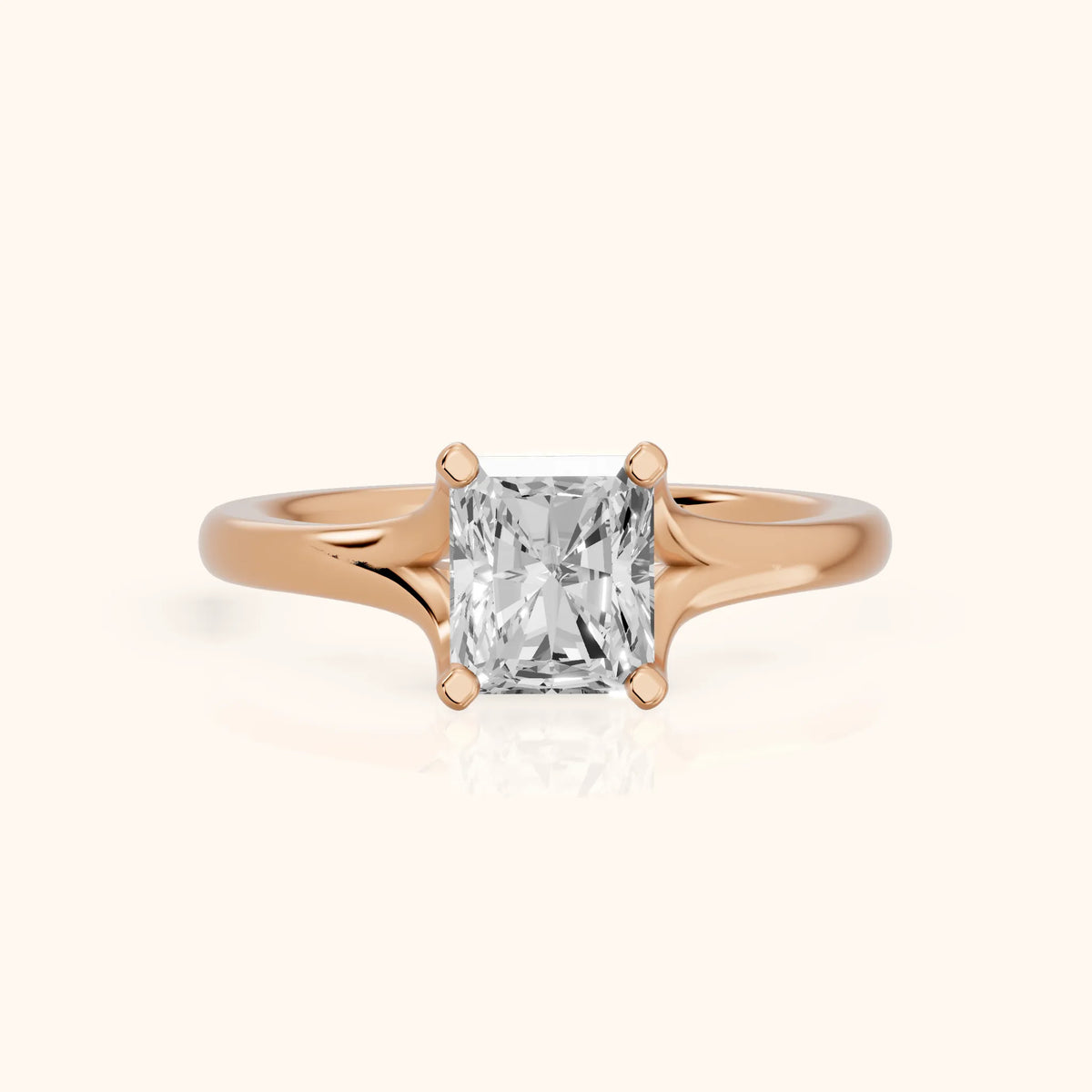 Nell Split Shank Solitaire Radiant Diamond Engagement Ring in Rose Gold - FrontView.webp