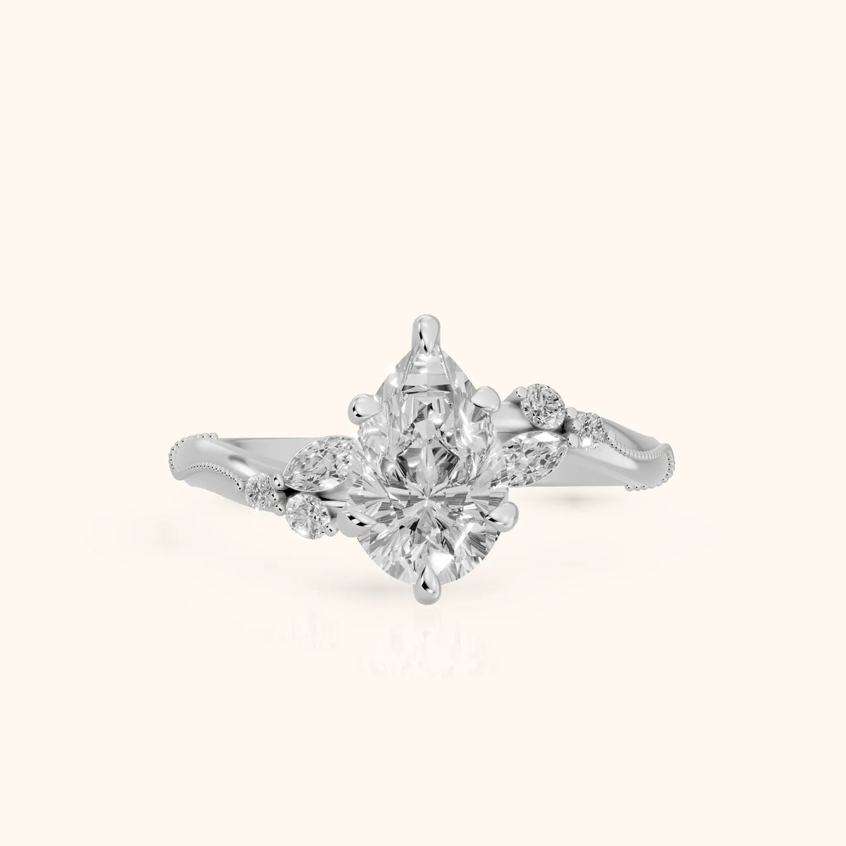 Joanna Milgrain Twist Pear Diamond Engagement Ring in Platinum - FrontView.webp