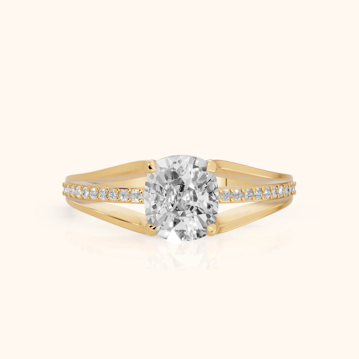 Lucinda Split Shank Cushion Diamond Engagement Ring in Yellow Gold - FrontView.webp