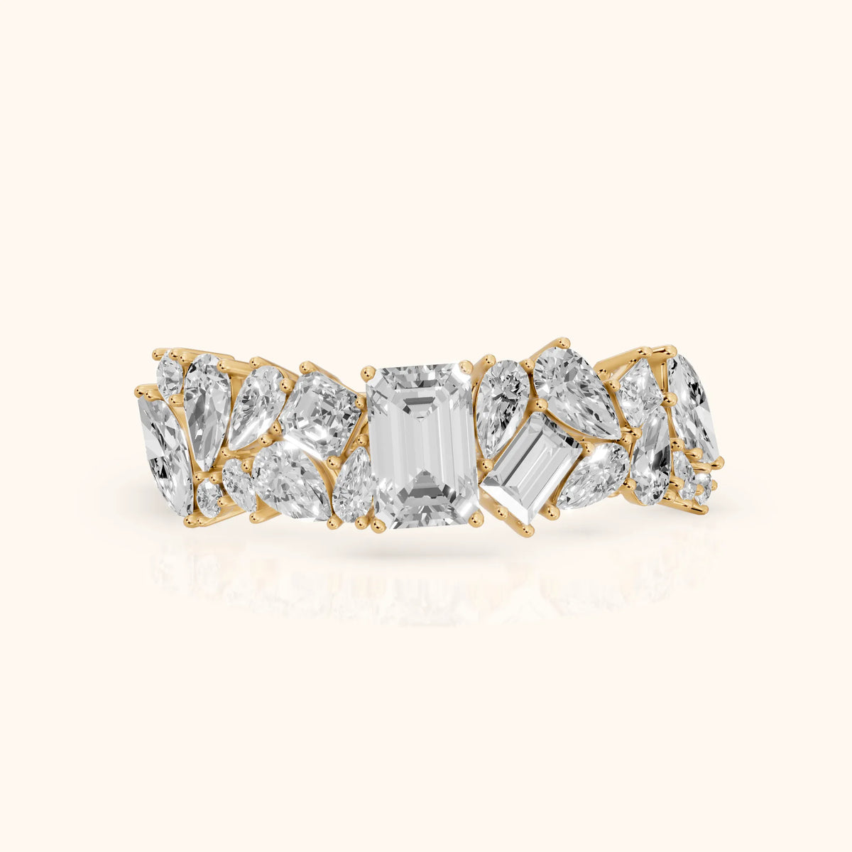 Isha Cluster Emerald & Pear Diamond Anniversary Ring in Yellow Gold - FrontView