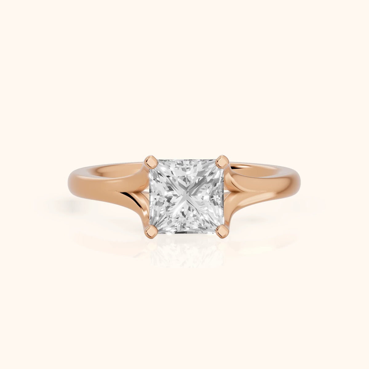 Nell Split Shank Solitaire Princess Diamond Engagement Ring in Rose Gold - FrontView.webp