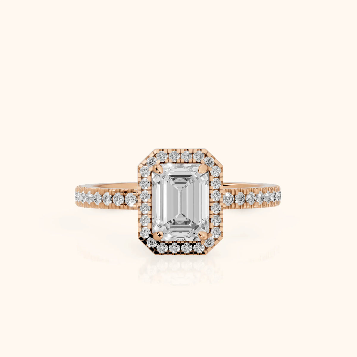 Rosemary Halo Pavé Emerald Diamond Engagement Ring in Rose Gold - FrontView.webp
