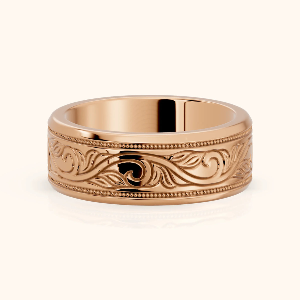 Navya Carved Milgrain Wedding Band in Rose Gold - FrontView