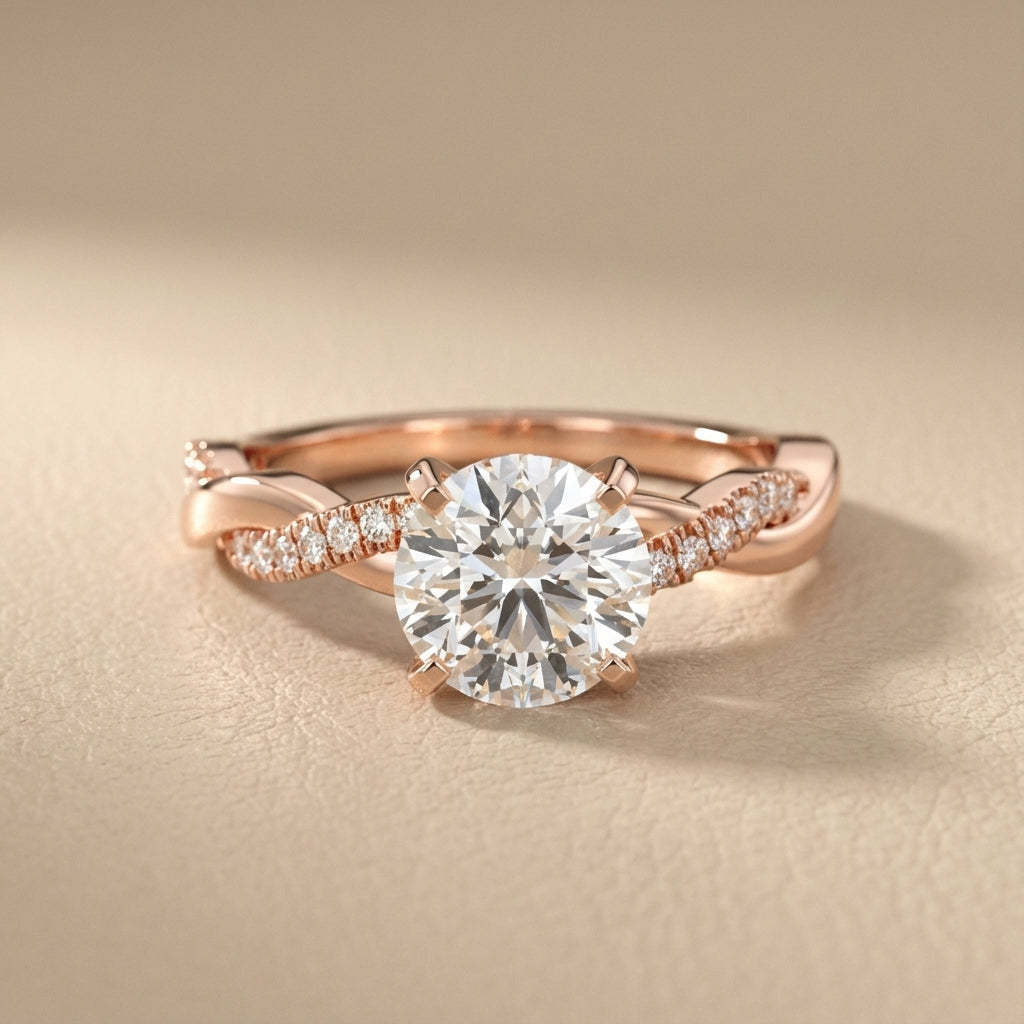 Round cut lab grown diamond twisted side stone engagement ring in rose gold