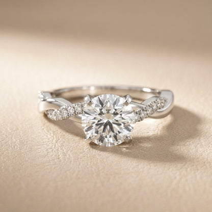 Round cut lab grown diamond twisted side stone engagement ring in white gold
