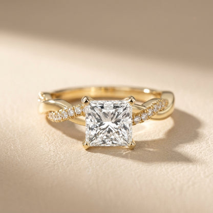 Princess Cut Lab Grown Diamond Twisted Side Stone Engagement Ring in Yellow Gold