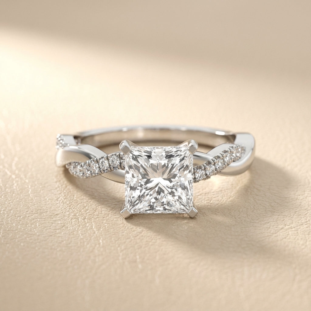 Princess Cut Lab Grown Diamond Twisted Side Stone Engagement Ring in White Gold