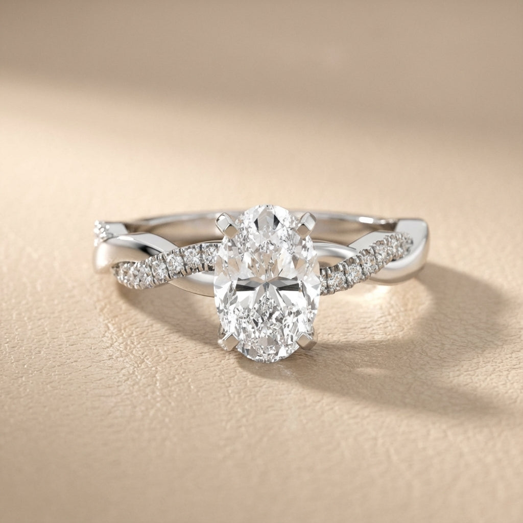 Oval Cut Lab Grown Diamond Twisted Side Stone Engagement Ring in Platinum