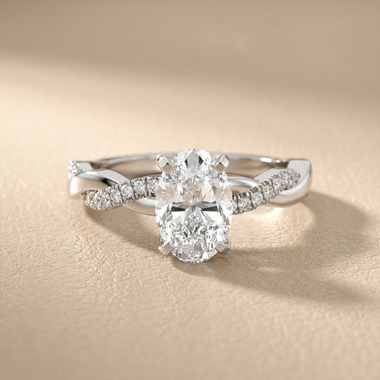 Oval Cut Lab Grown Diamond Twisted Side Stone Engagement Ring in Platinum