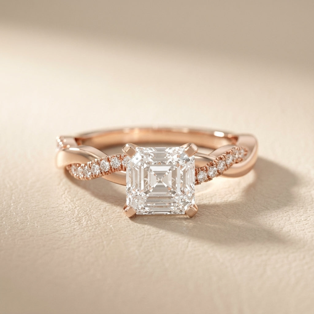 Asscher Cut Lab Grown Diamond Engagement Ring with Twisted Pavé Band in Rose Gold