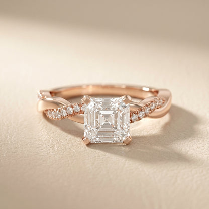 Asscher Cut Lab Grown Diamond Engagement Ring with Twisted Pavé Band in Rose Gold
