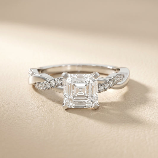 Asscher Cut Lab Grown Diamond Engagement Ring with Twisted Band in Platinum