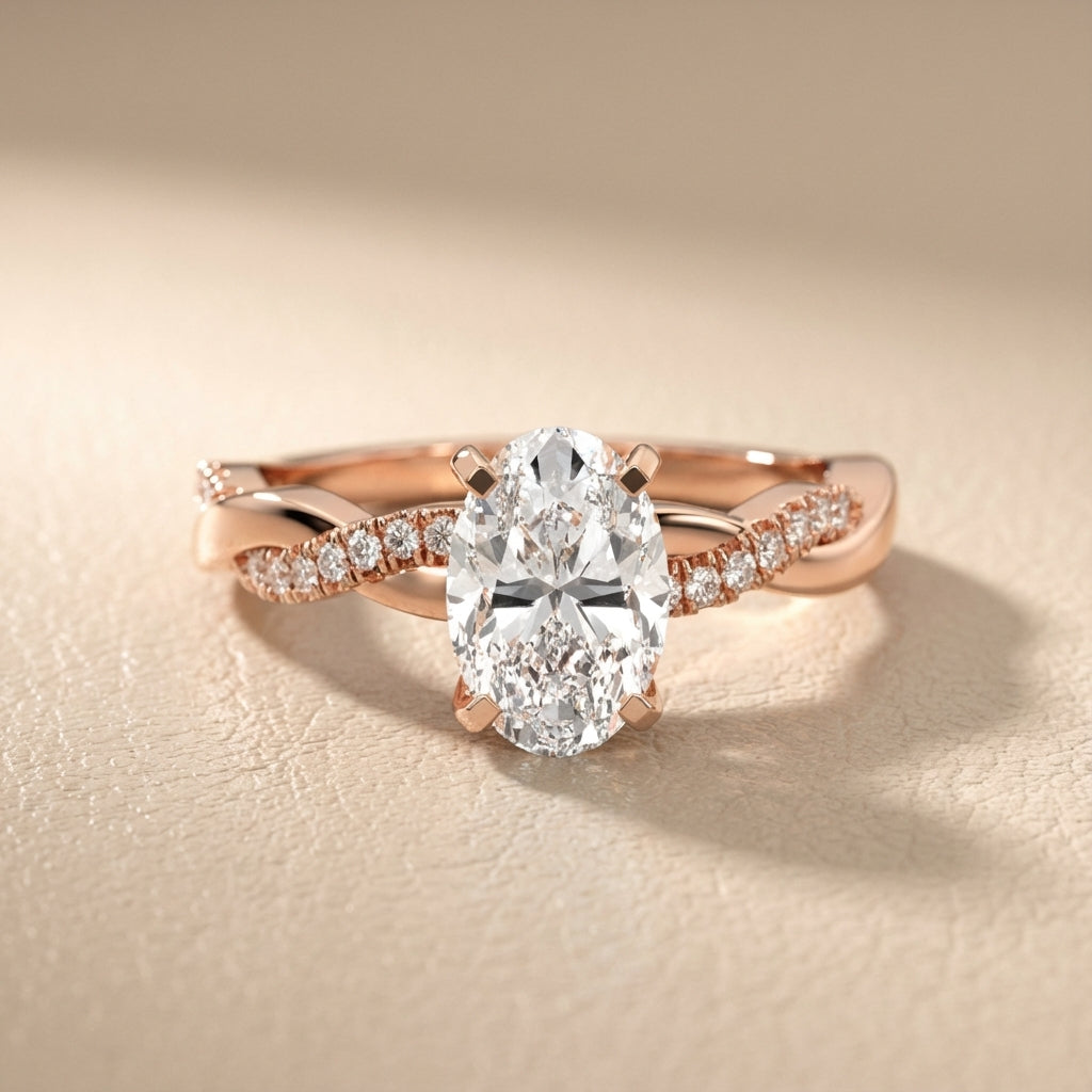Oval Cut Lab Grown Diamond Twisted Side Stone Engagement Ring in Rose Gold