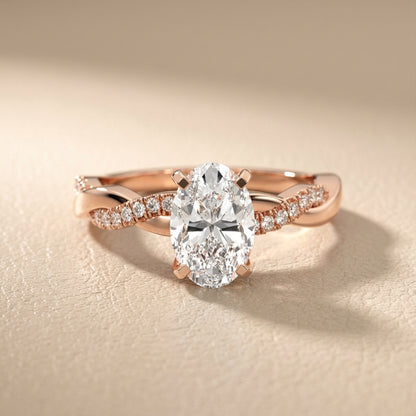 Oval Cut Lab Grown Diamond Twisted Side Stone Engagement Ring in Rose Gold