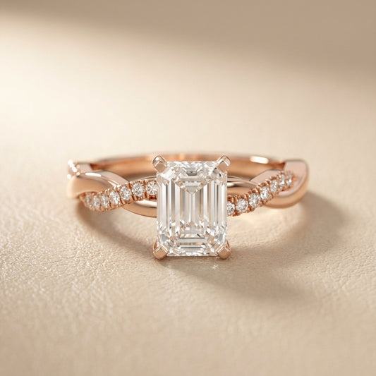 Emerald Cut Lab Grown Diamond Twisted Side Stone Engagement Ring in Rose Gold