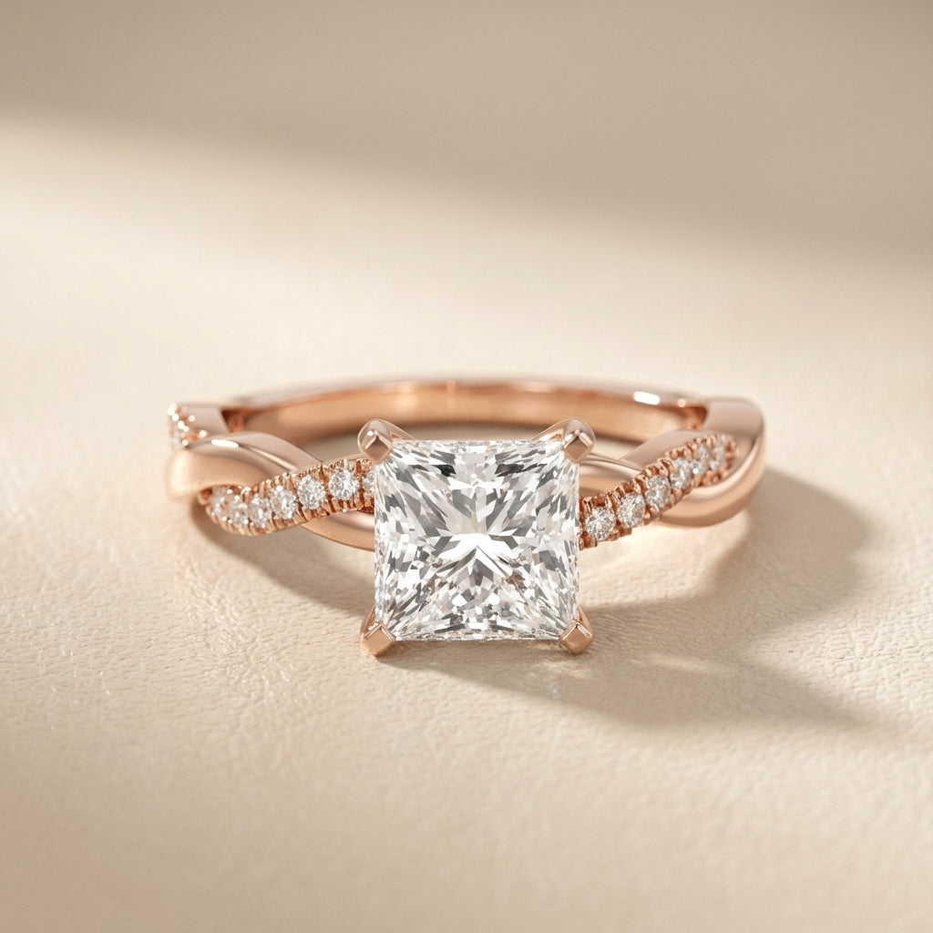 Princess Cut Lab Grown Diamond Twisted Side Stone Engagement Ring in Rose Gold