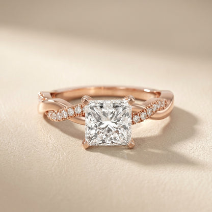 Princess Cut Lab Grown Diamond Twisted Side Stone Engagement Ring in Rose Gold