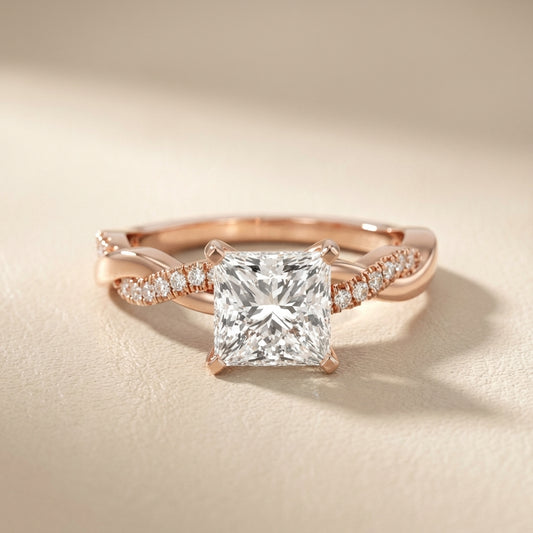Princess Cut Lab Grown Diamond Twisted Side Stone Engagement Ring in Rose Gold