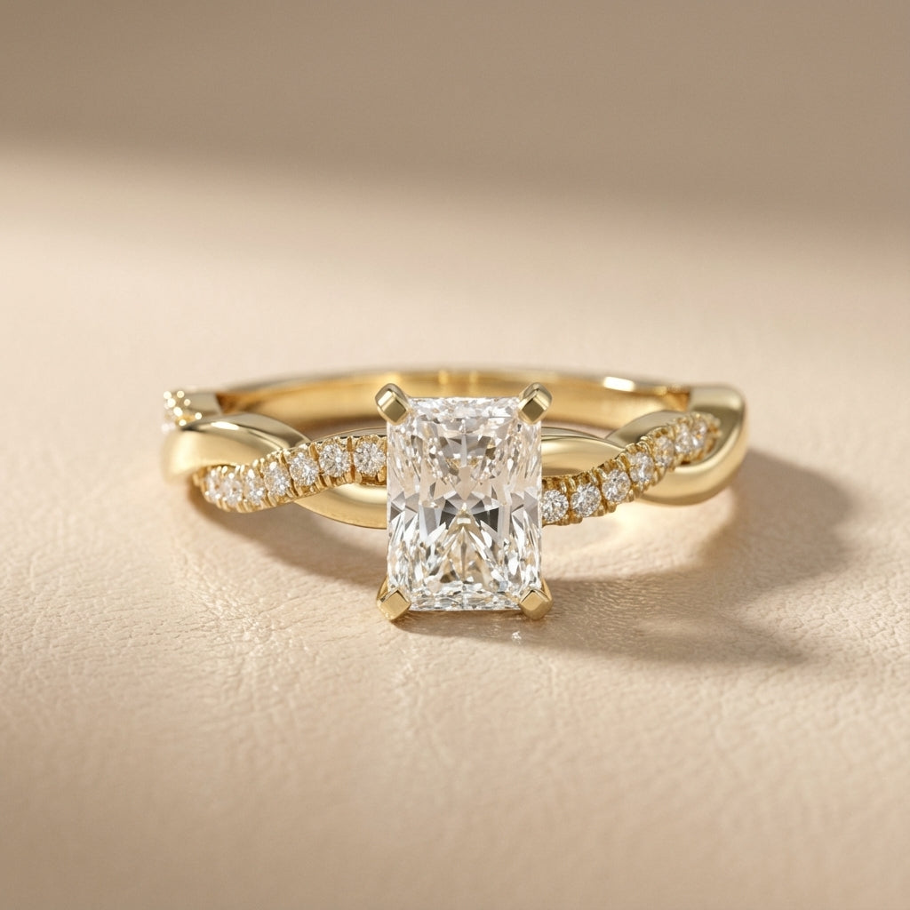 Radiant Cut Lab Grown Diamond Twisted Side Stone Engagement Ring in Yellow Gold