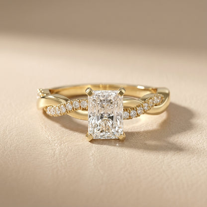 Radiant Cut Lab Grown Diamond Twisted Side Stone Engagement Ring in Yellow Gold