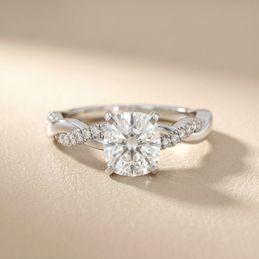 Cushion Cut Lab Grown Diamond Twisted Engagement Ring in White Gold